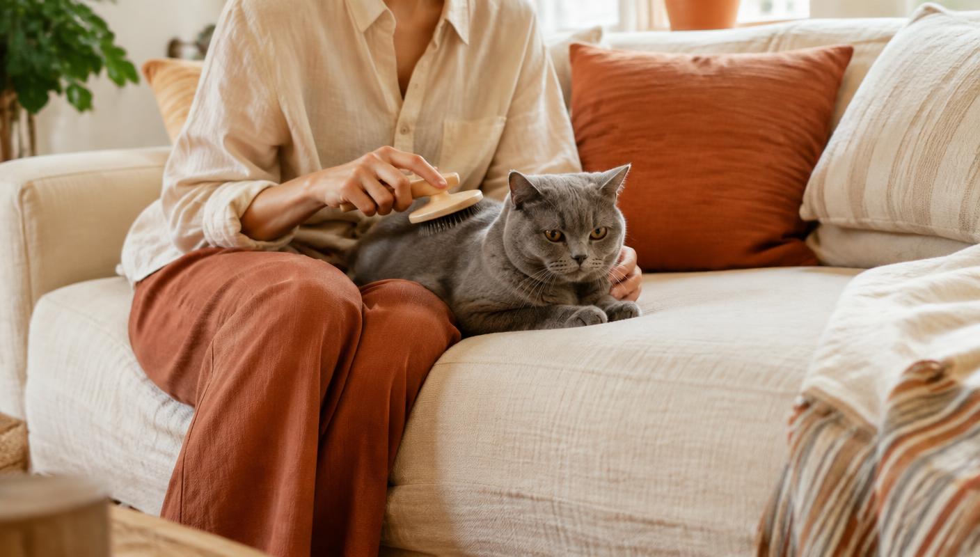 Persona cepillando a un gato gris en el sofá